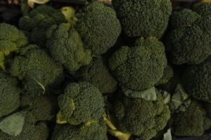 Overhead shot of fresh organic broccoli showcasing texture and natural color.